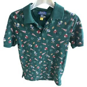 Polo Ralph Lauren Boys Green Football Polo Bear Varsity Print Short Sleeve Sz L